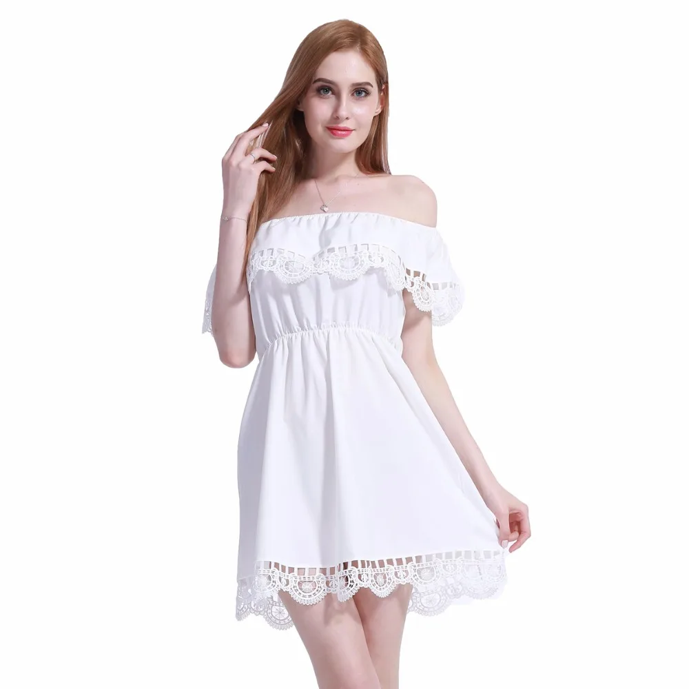 

Ladies summer sexy off-shoulder solid color dress lace stitching stretch waist beach skirtLace wrap breast mini skirt y2k dress