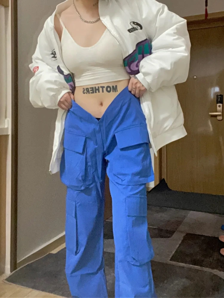 

Брюки-карго QWEEK Y2K Techwear женские, уличная одежда в стиле хип-хоп, шикарные однотонные брюки с широкими штанинами, тактические штаны оверсайз в ...