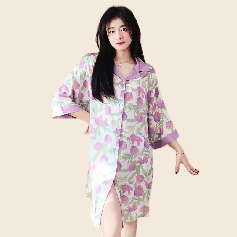 Purple Tulip Nightdress For Women V-Neck Sleeveless Sexy Flower Print Loose Nightwear Fashion luxury Clothes