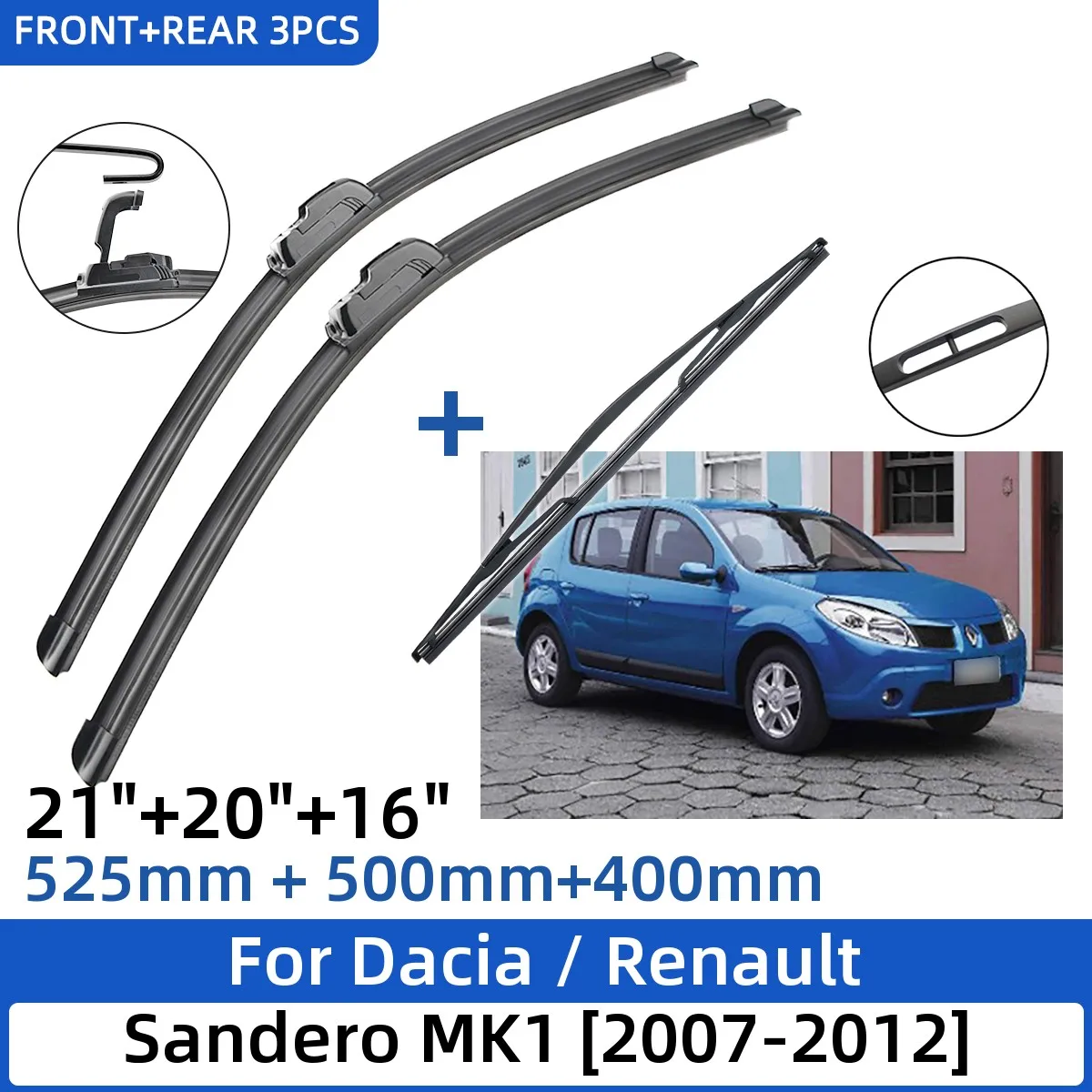 

Щетки стеклоочистителя переднего и заднего стекла для Dacia / Renault Sandero MK1 2007-2012 21 + 20 + 16 дюймов, 3 шт.