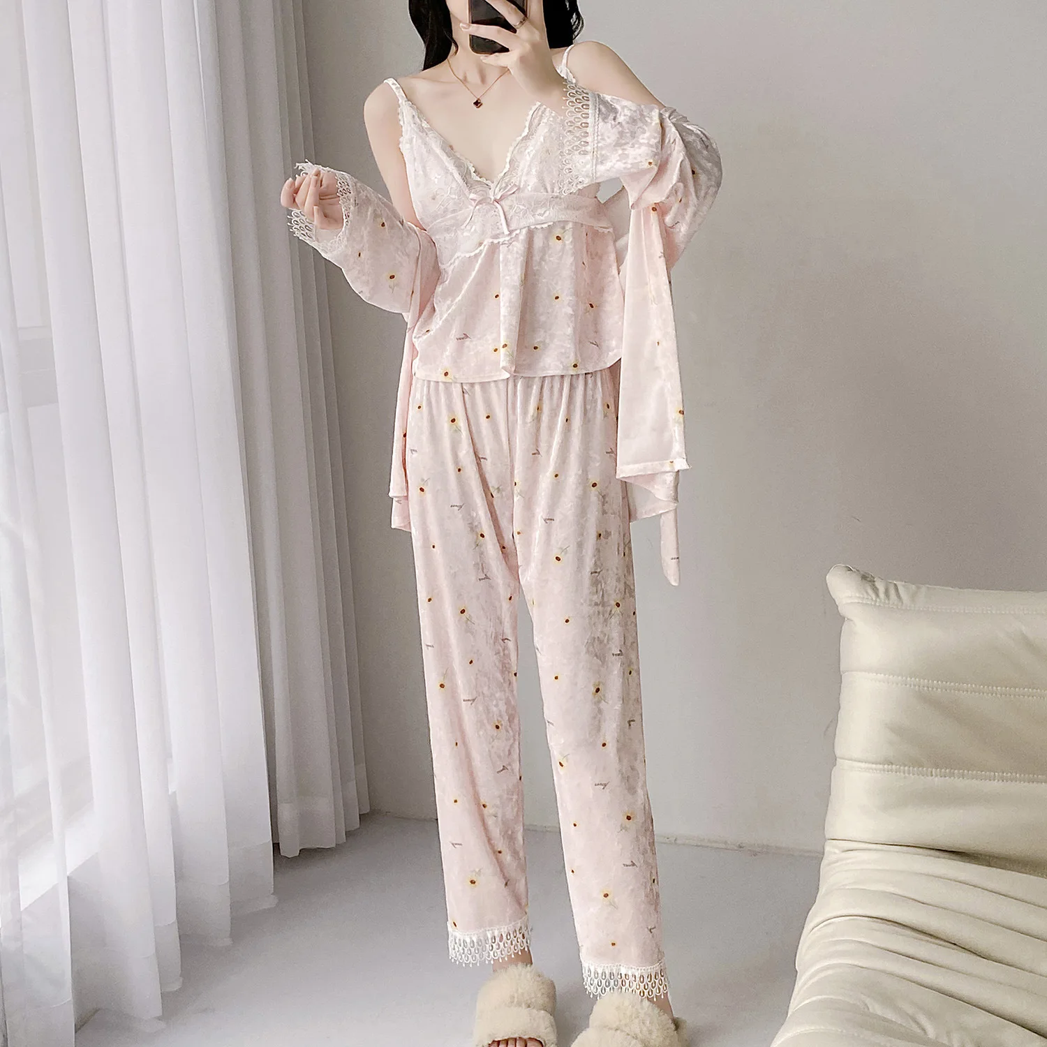 Велюровая одежда для сна с цветочным принтом домашняя осень 2024 новая ночная