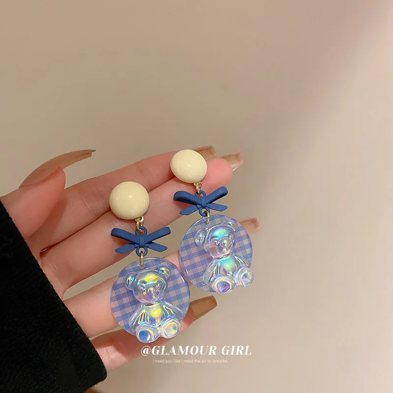 

Silver Needle Acrylic Bow Bear Circle Earrings Korean Design Cute Girl