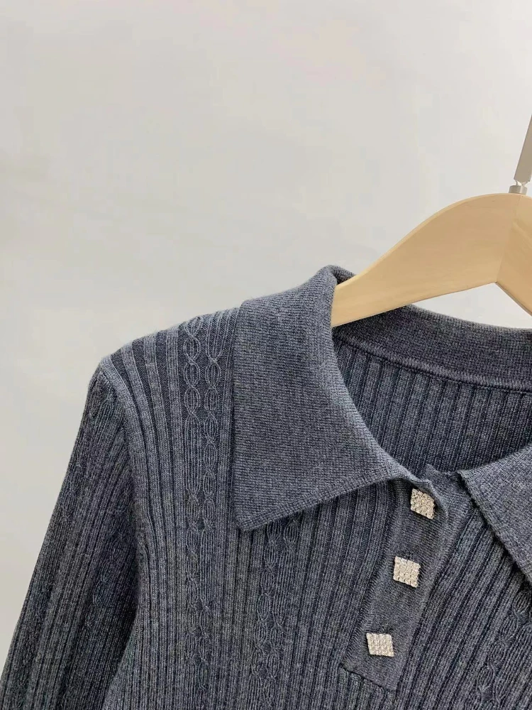 

Autumn Winter Women Gray Knit Pullovers Vintage Button Turn-down Collar French Brand Office Ladies Sweaters Female Elegant Tops