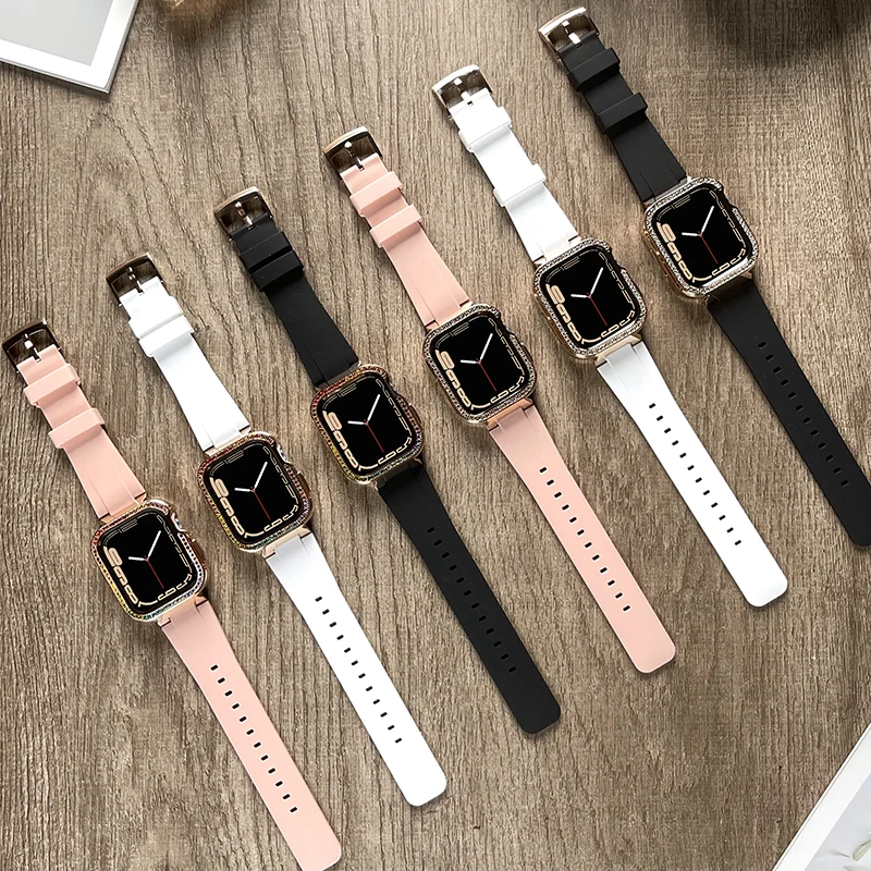 Jewelry Watch Case for Apple Watch Band 7 40mm 41mm Rubber Strap Loop Bracelet Diamond Watchband for IWatch Series 7 6 5 4 3 SE
