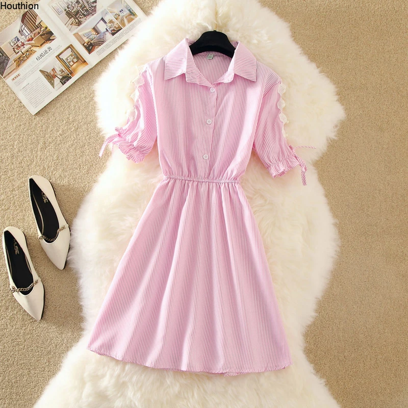 

Movafag женские платья с отложным воротником, полосатые новые сетчатые с коротким рукавом, удобные модные летние корейские платья с открытой с...