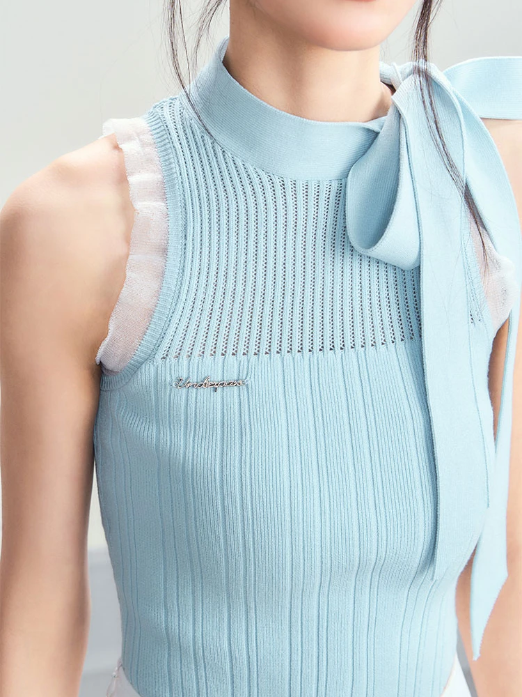 Женский трикотажный топ без рукавов, однотонный укороченный топ с бантом на шнуровке, дизайнерская Трикотажная майка с круглым вырезом, Y2K, лето 2023