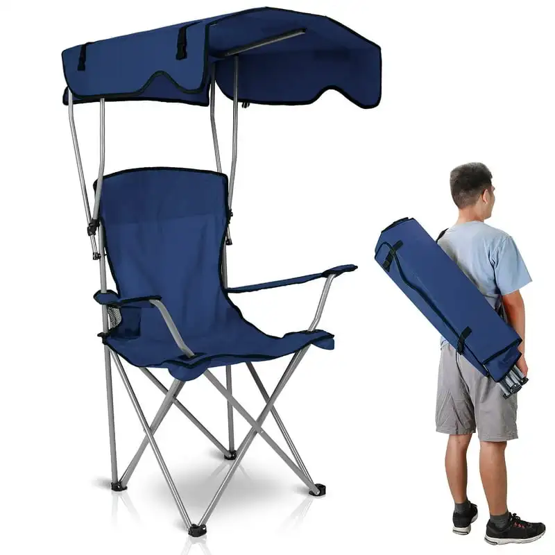 

Beach Chair with Canopy Shade, Folding Canopy Camping Sports Chair, Navy Blue