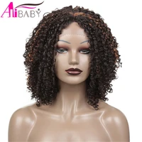kinky curly hair synthetic lace wigs for black women gluless heat resistant middle hairline ombre color daily use wig alibaby
