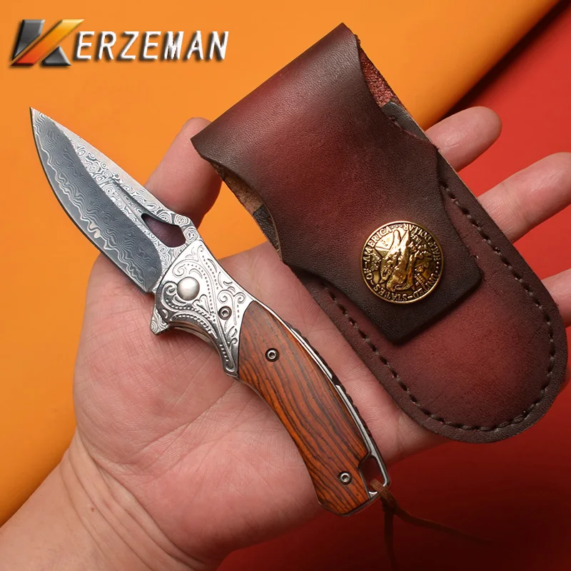

kerzeman Damascus Steel Folding Blade Tactical Camping Folding Knife Survival Outdoor EDC Tool Utility Pocket Knives Wood Handle
