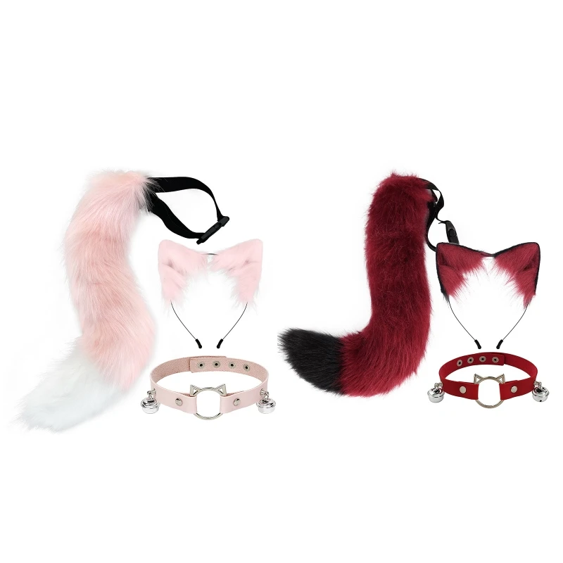 

F42F Cartoon Ears Hairband Choker Tail Set Plush Cosplay for Head Band Hair Accessories for Women Girls Kid Party Headban