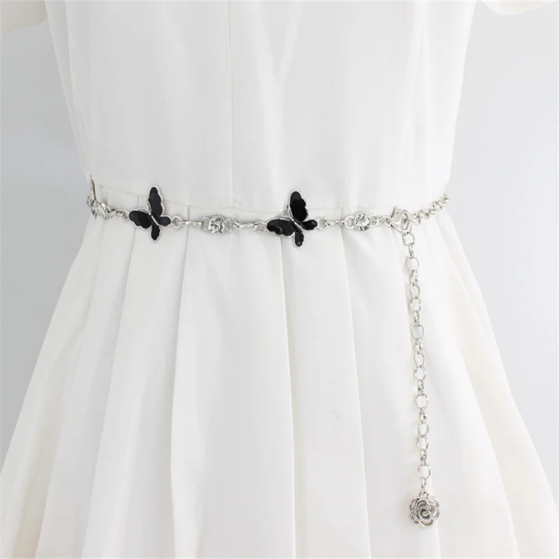 

Black Bowknot Decorative Metal Adjustable Waist Chain Women's Small Fragrant Style Pair Dress Sweater Flower Pendant Chain