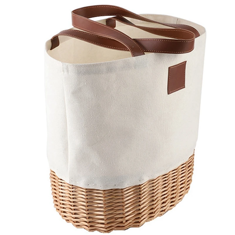 

New-Picnic Basket,Picnic Tote Bag,Sturdy Woven Base & Canvas Beach Tote Bag