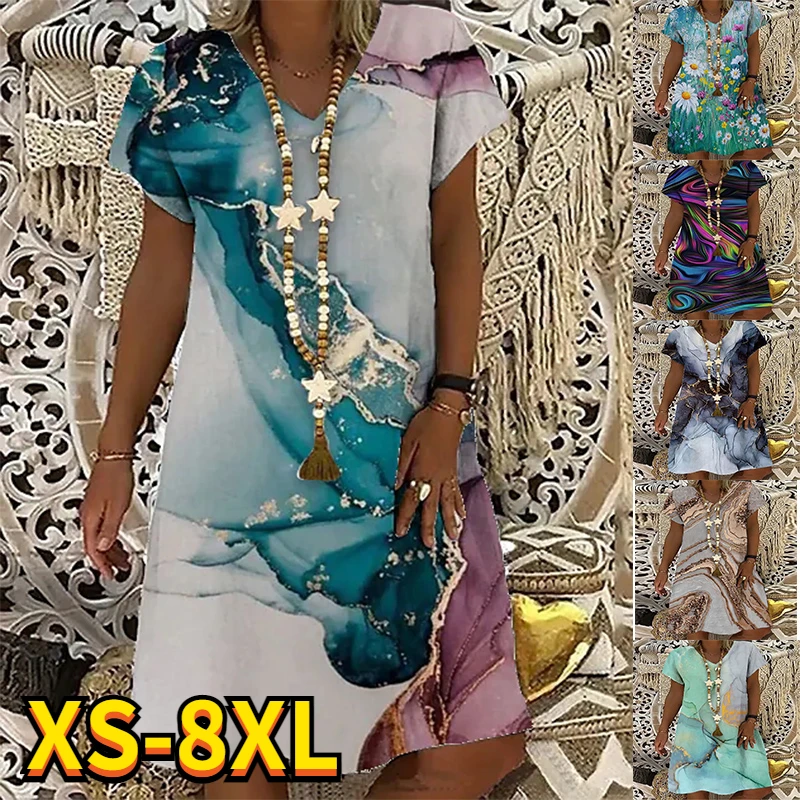 

2022 Summer Women's Abstract Printed Painting Dresses V Neck Elegant Fational Female Dresses Blue Green Plus Size Knee Length