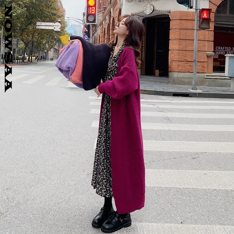 Черный кардиган Nowsaa свитер женский осенне-зимний вязаный Макси-Корейский