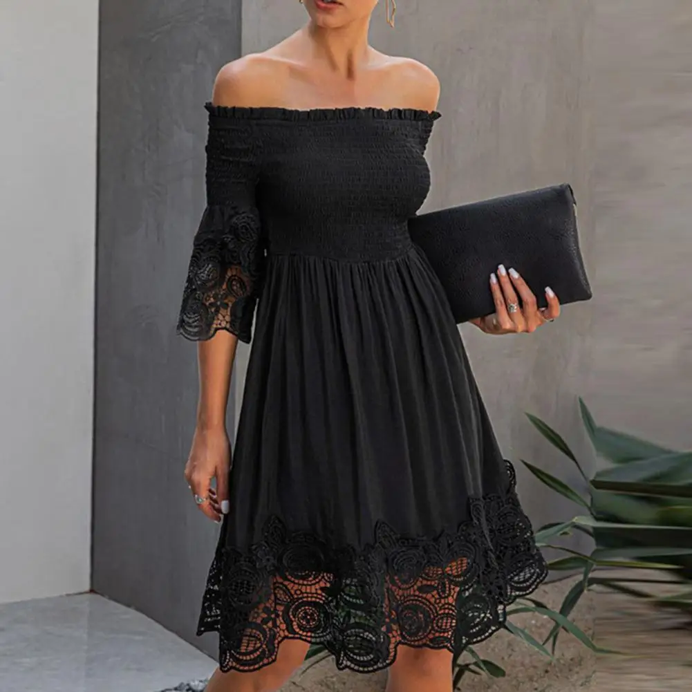 

Sexy Summer Dress Female Ladies Horizontal Collar Dress High Waist Black Ladies Dress for Banquet