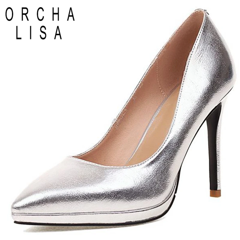 

ORCHA LISA Classical Office-Lady Pumps Platform Pointed Toe High Heels Slip-On Large Size 33-43 Solid Black Silver Spring S3363