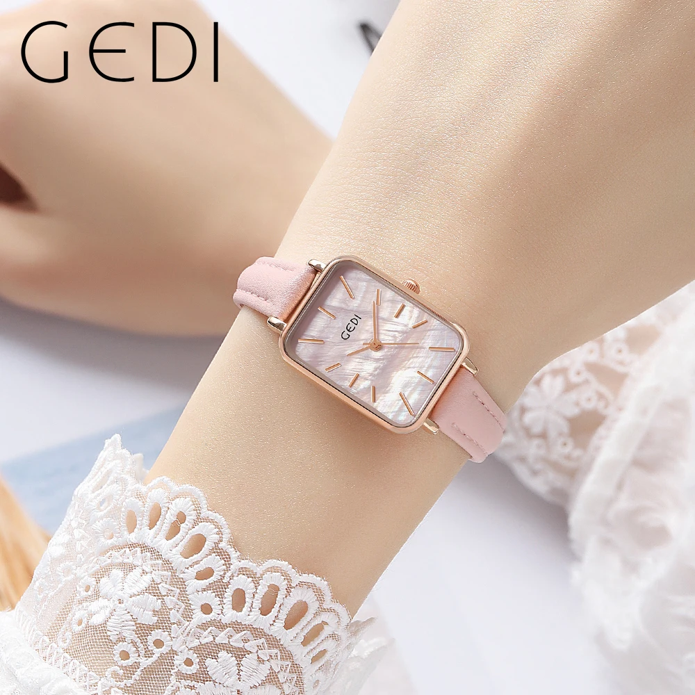 GEDI Minimalist Ladies Fashion Quartz Wrist Watches Luxury Brand Waterproof Rectangle Women Watches Leather Strap Montre Femme