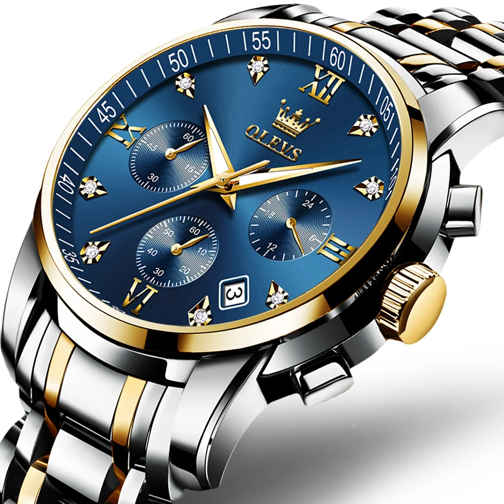 

OLEVS Men’s Luxury Chronograph Watch Fashion Big Face Analog Quartz Watches Waterproof Stainless Steel Strap Luminous Wristwatch