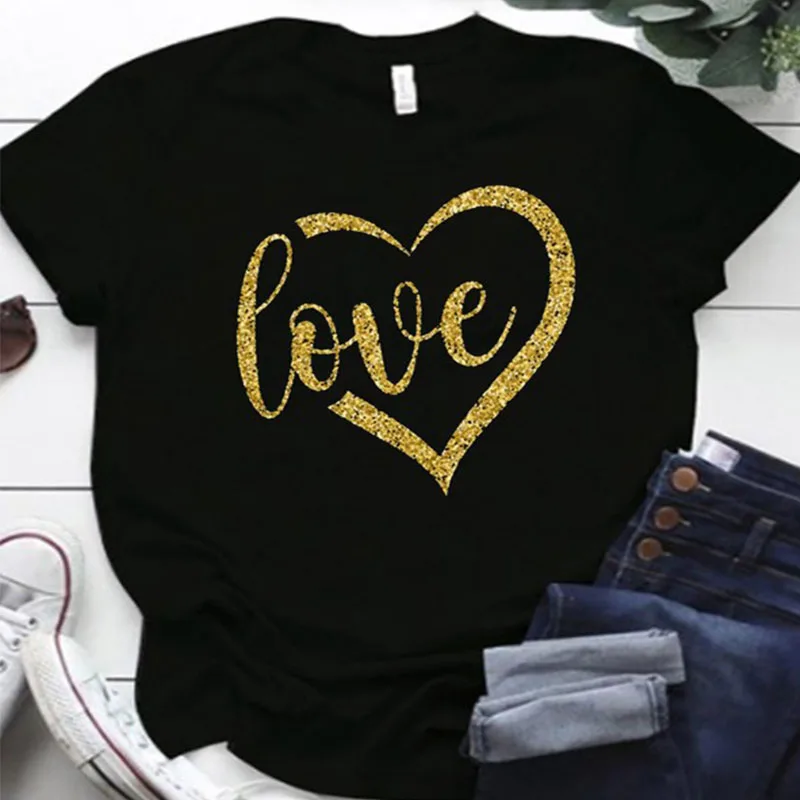 

2022 New Plus Size Love Gold LOVE Print Women's Short Sleeve Casual O-neck Short Sleeve Loose Top Hot Sale Shipping
