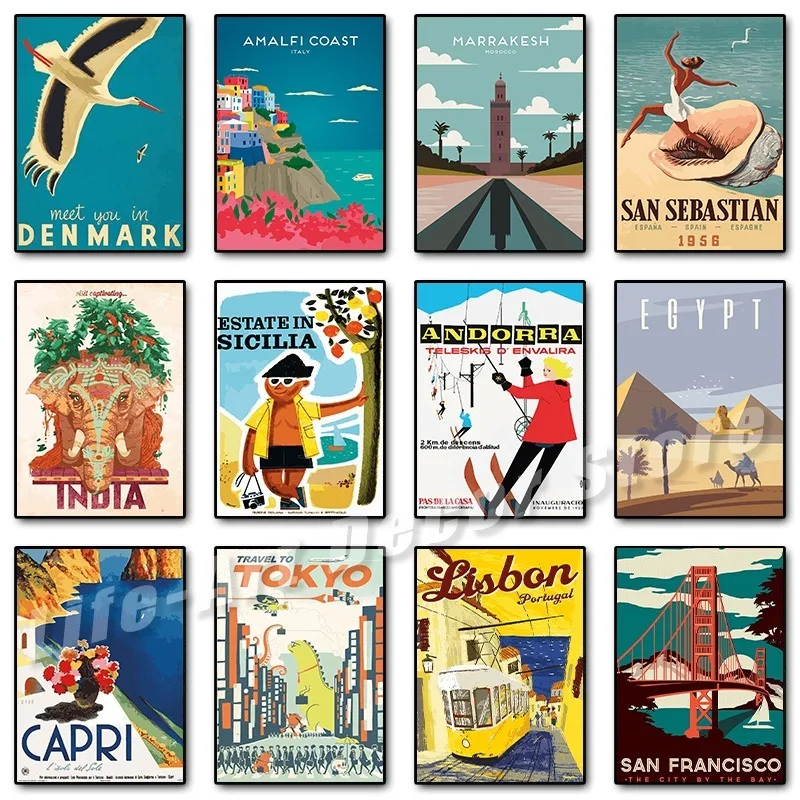 Винтажный Токио Дания Новая Зеландия Египет Капри Путешествия Плакат и Печать