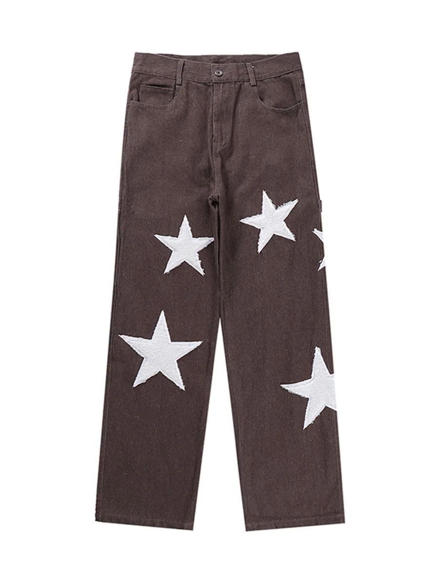 Four Seasons Star Embroidered Side Belt Streetwear Men's Jeans Retro Harajuku Patchwork Loose Casual Denim Trousers Ins Hot Sale