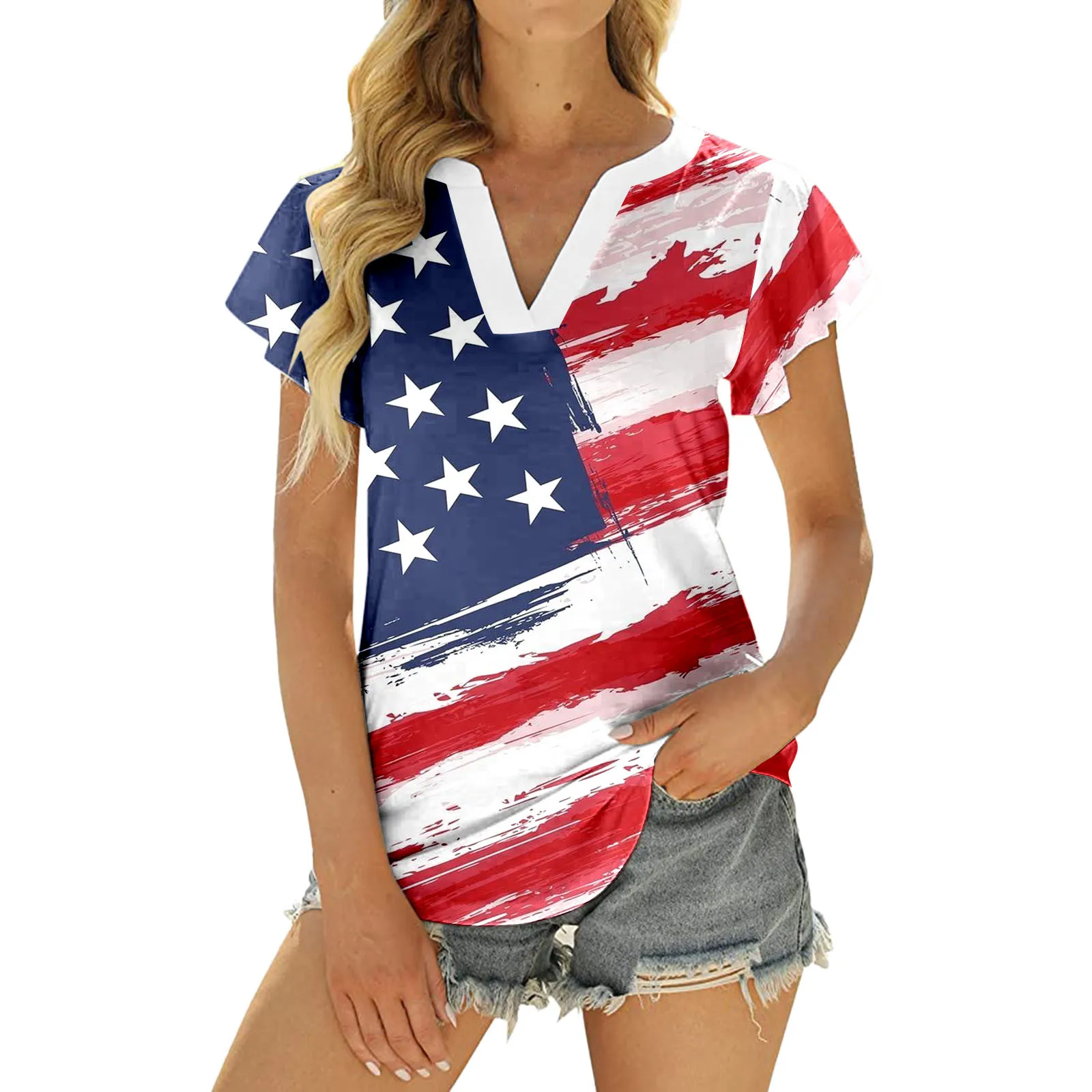 Женская футболка с американским флагом коротким рукавом и графическим принтом -