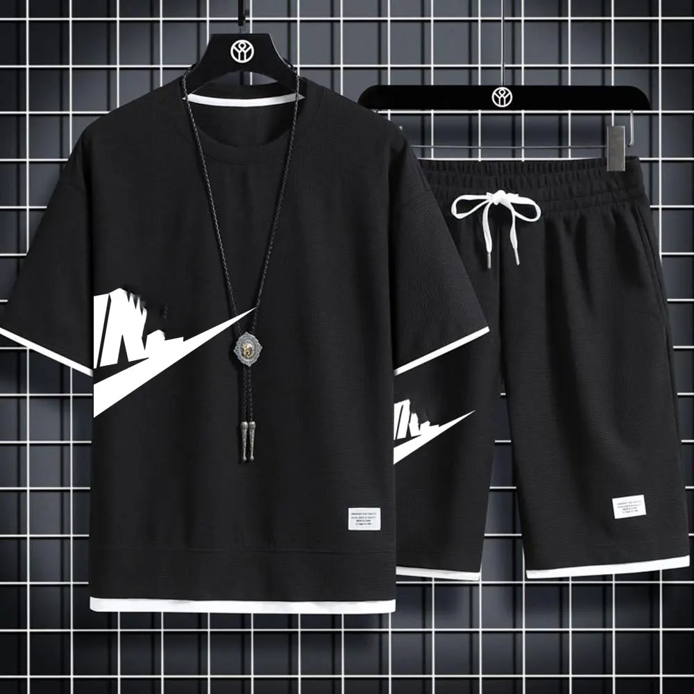 

Waffle T Hong Kong Style Men's Fake Two-Piece Suit Couple Loose Trend Plus-size Five-Point Pants Casual Outdoor