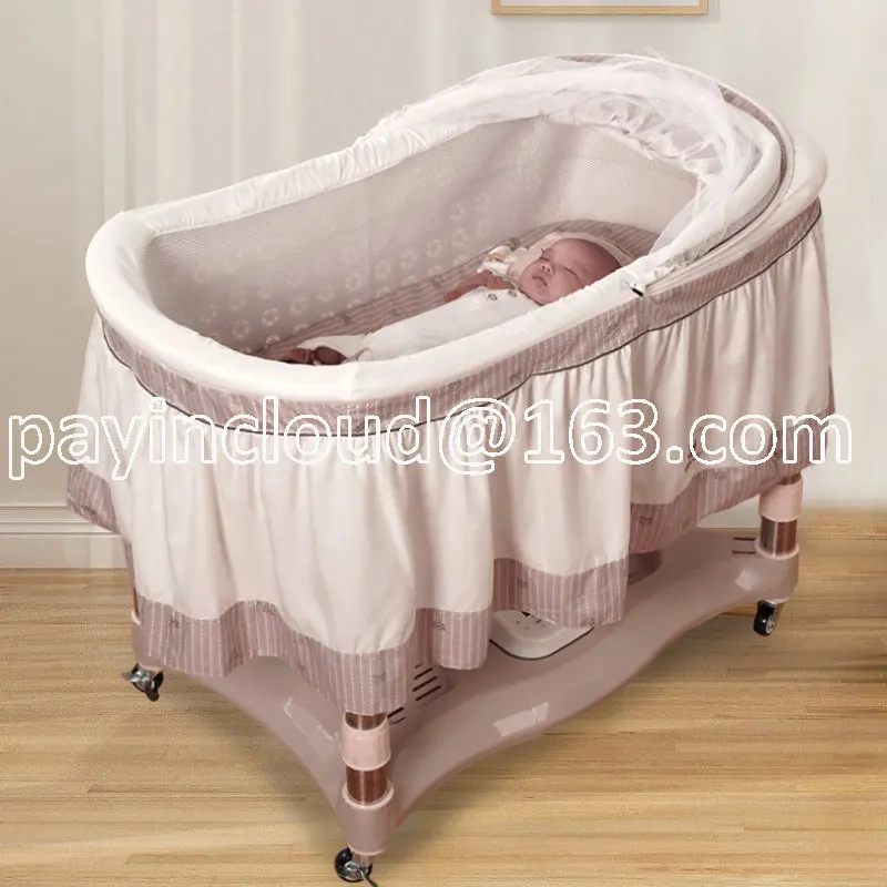 

The baby cradle can move the baby bed up and down floating music to coax newborns to sleep with mosquito nets