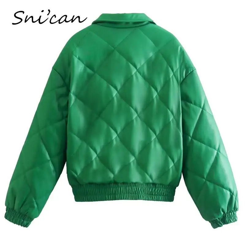 Solid Green Faux Leather Women Outwear Thick Winter Fashion Patchwork Cropped Jacket Coat  bombers Ladies Tops  chaquetas NEw