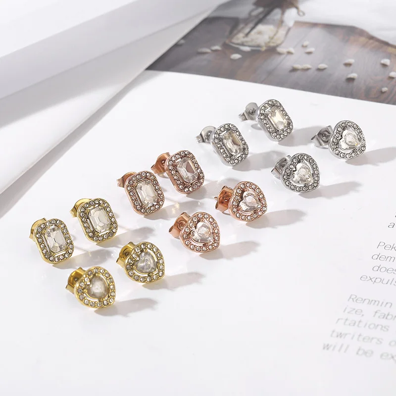 

Elegant Crystal Rhinestone Stud Earrings For Women Gold Silver Rose-gold Color Stainless Steel Heart Square Eardrops Jewelry