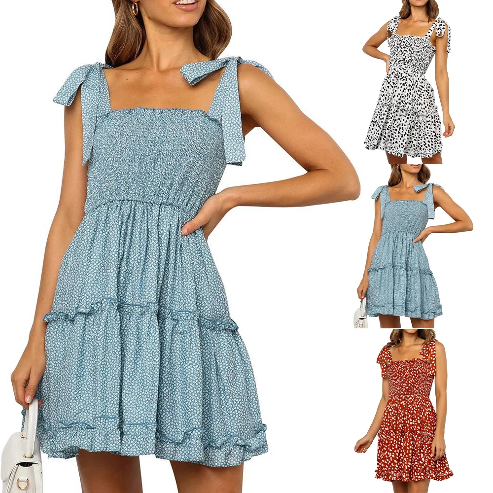 

Sleeveless Summer Dress Polka Dot Printed Women Ruffle Sundress Fashion Casual Square Round Ladies Beach Dress