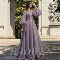 haowen elegant pink soft satin o neck long evening dress with puffy sleeves a line lace prom party gown robe de soiree vestidos