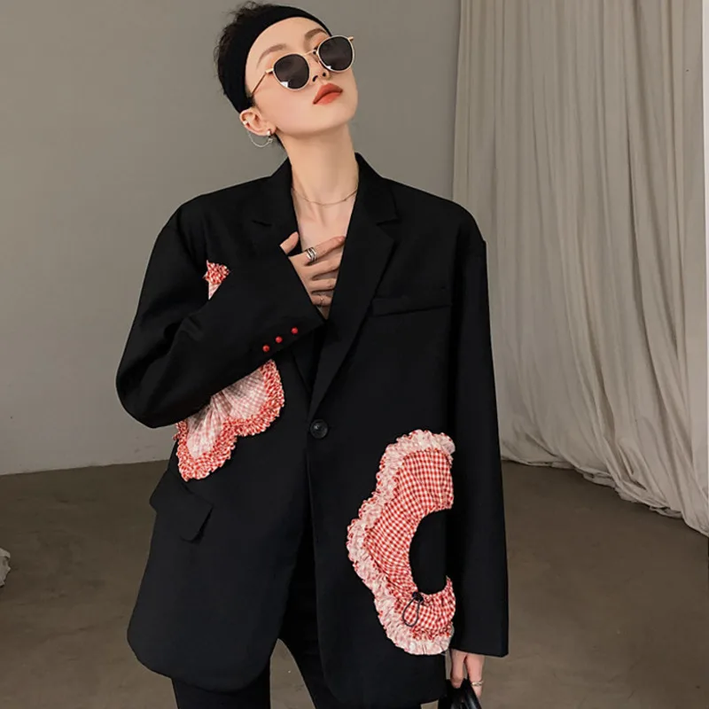 2023 New Autumn Winter Turn-down Collar Loose Patchwork Long-sleeved Solid Blazer Coat Female Black Floral Minimalist Suit Top