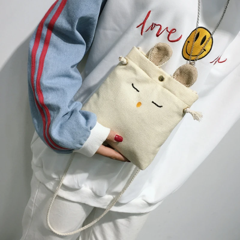 

Women Shoulder Messenger Bags 2022 Korean Cartoon Cute Hemp Rope Embroidered Rabbit Ears Bag for Female Fashion Canvas Bag