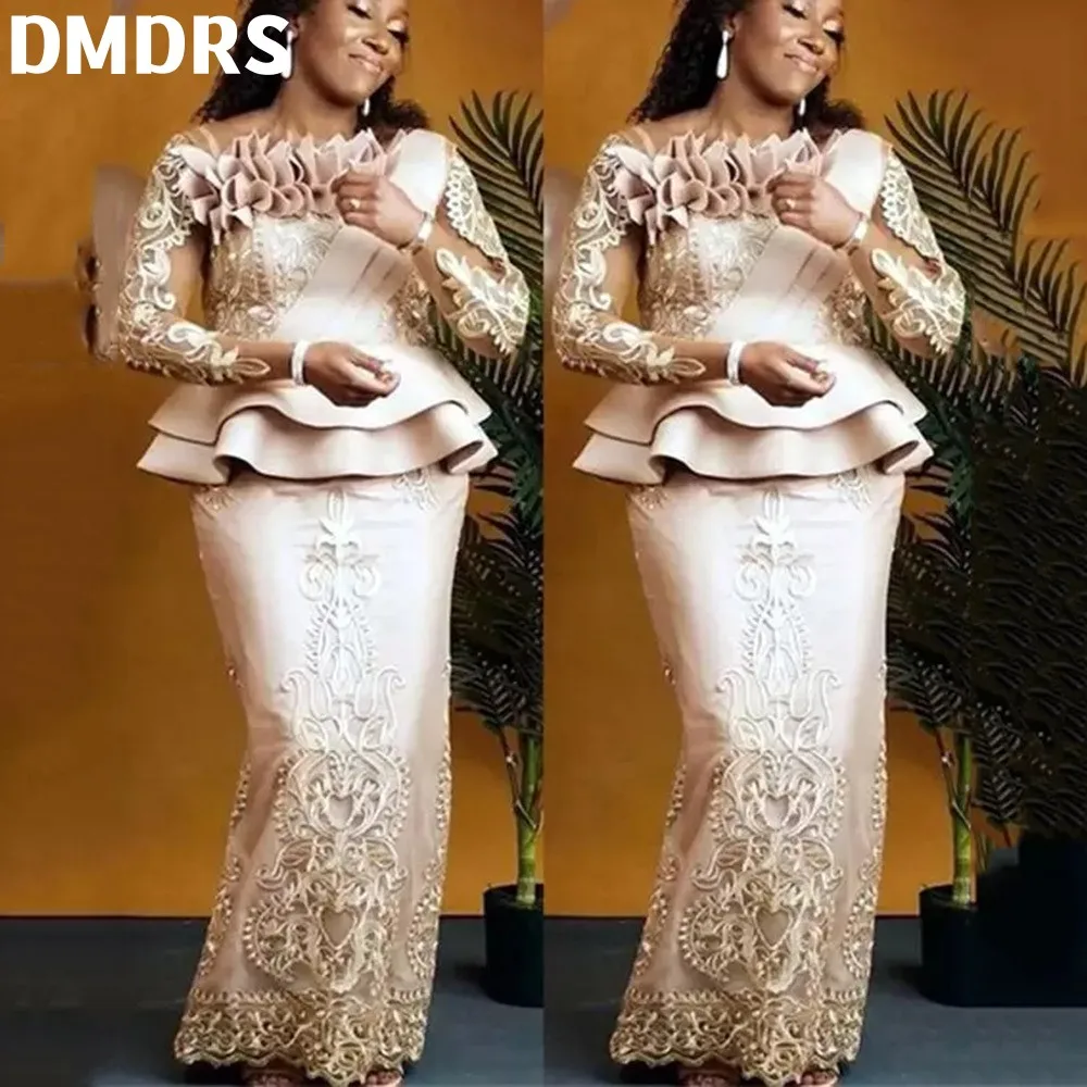 

Arabic Aso Ebi Style Mermaid Prom Dresses Champagne Satin Long Sleeves Lace Appliques Formal Evening Occasion Gowns