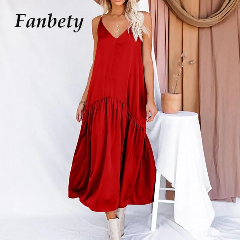

Fashion Loose Sling Stitching Pleat Maxi Dress Summer Women Sleeveless Satin Boho Beach Dress Lady Oversized V-Neck Party Dress