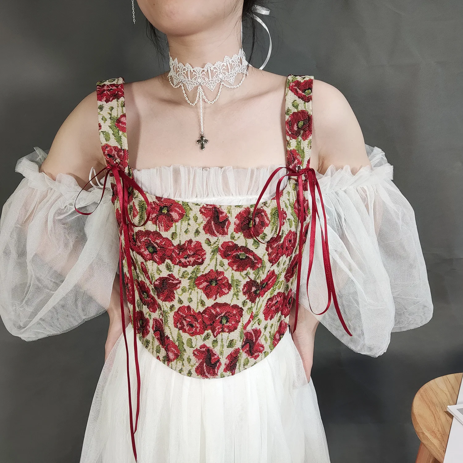 

Женский корсет с завязками, Укороченный бюстгальтер с рисунком кукурузного мака, с косточками, уличная одежда для девушек, корректирующий ж...