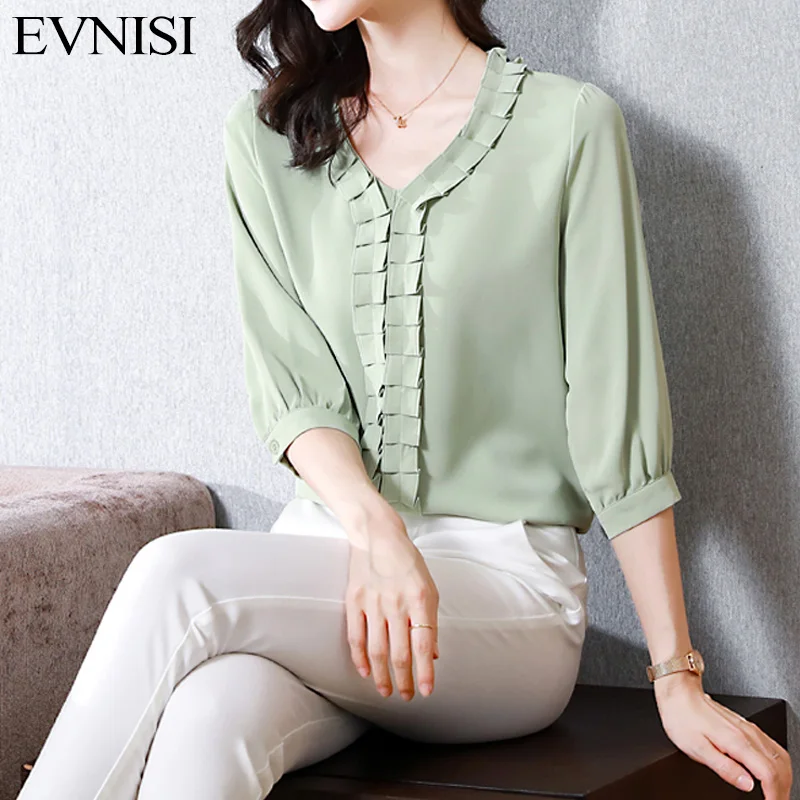 

EVNISI светильник-Зеленая Шелковая блузка для женщин 2022 Осенняя однотонная плиссированная блузка с длинным рукавом с оборками Элегантная универсальная Офисная Женская рубашка