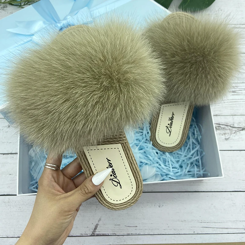 Summer Real Fox Fur Luxury Sandals Furry Straw Flats Slides 