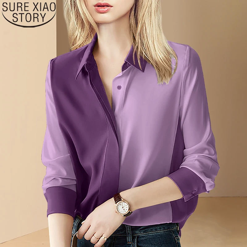 

French Style Office Lady Slim Fit Shirt Fashion Stitched Purple Blouse Women Tops Autumn Spring 2023 New Clothes Blusas 23260