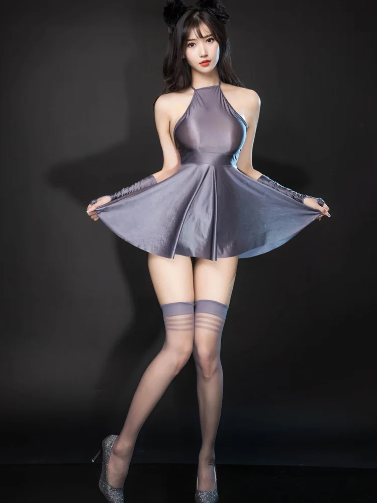 

Пикантное женское атласное блестящее Плиссированное микро мини-платье с открытой спиной, платье-колготки, Прозрачное платье горничной с оборками, одежда для сцены