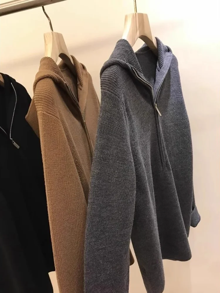 Осенне-зимний серый высококачественный флисовый вязаный кардиган с капюшоном