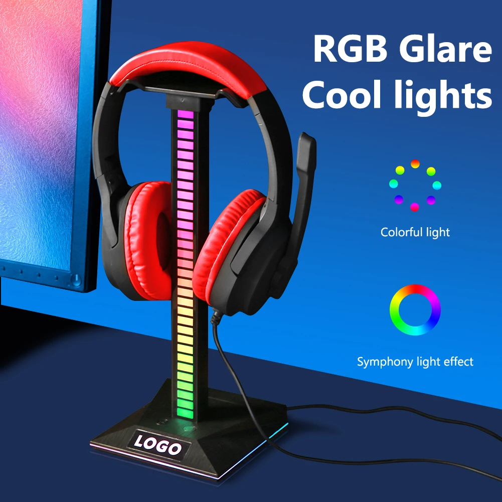 

RGB Gaming Headphone Stand Over Ear Headset Desk Display Holder Hanger Pickup Rhythm Light USB Type-C Ports 3.5mm for Gamer PC