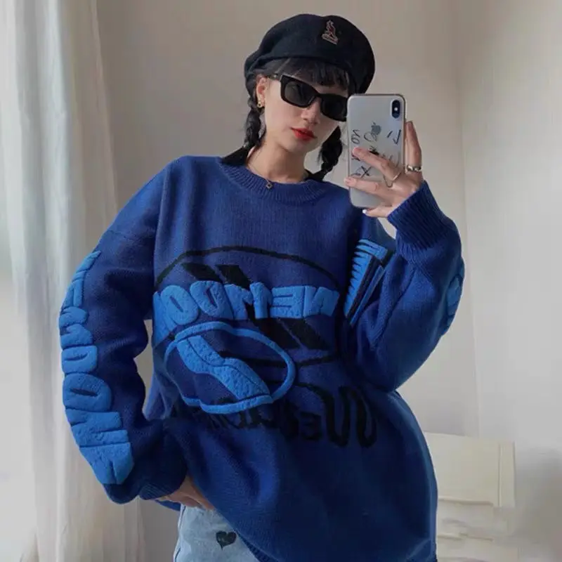 Осенне-зимний свитер большого размера корейский модный топ с принтом букв и
