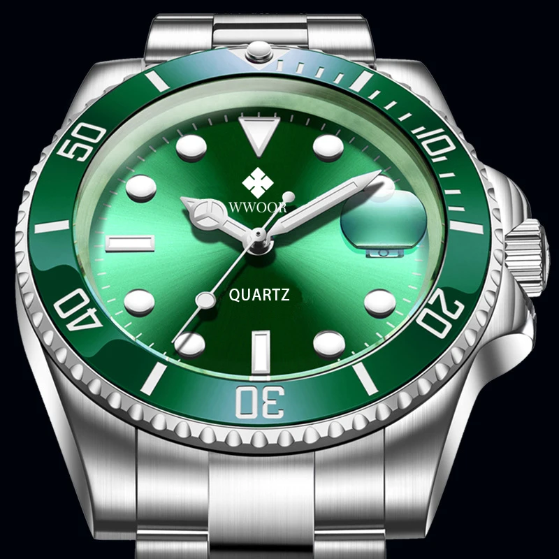 Фото Мужские часы WWOOR New Luxury Fashion Diver, водонепроницаемые 3ATM, с указателем даты, спортивные, кварцевые, наручные часы, Relogio Masculino №1