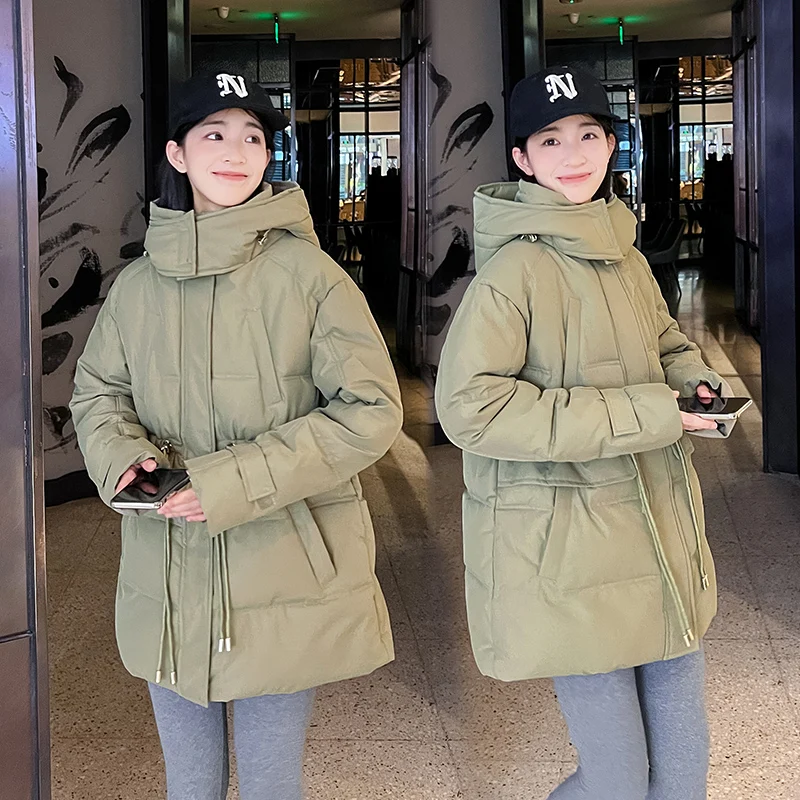 Winter Women Hooded Down Coat Lady Soft Loose Down Cotton Jacket Blue Adjustable Waist Parkas Outwear