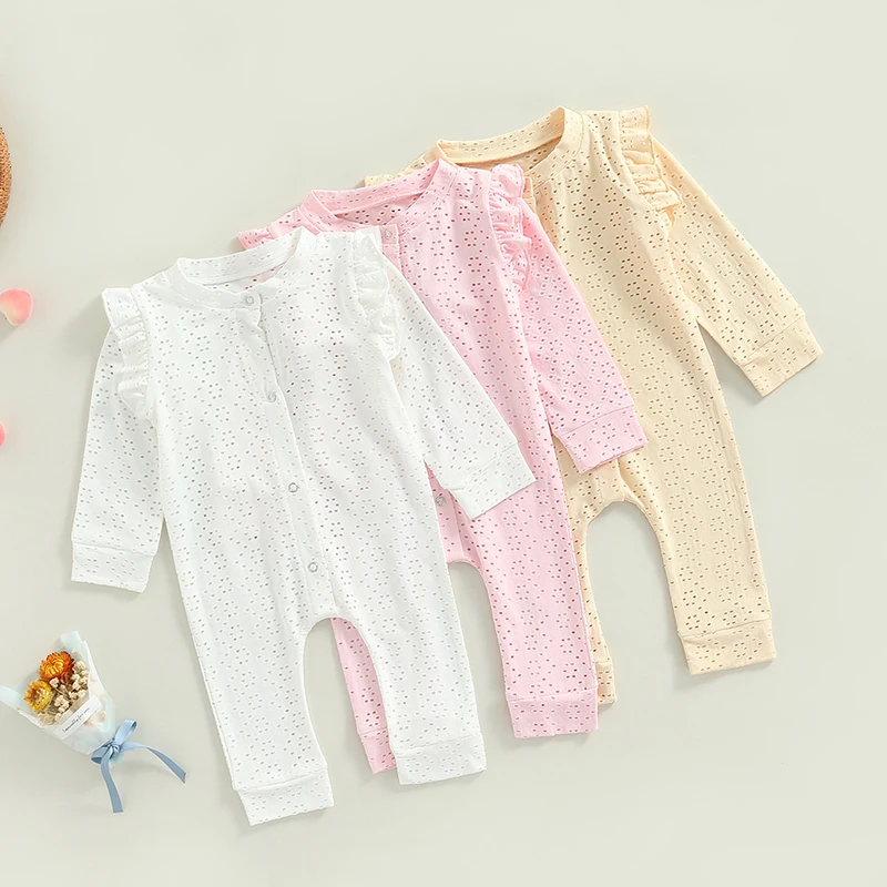 

baby clothes new born Girls Rompers Solid Color Lace Hollow Ruffle Button Romper for Toddler Infant clothes for 12 to 18 months