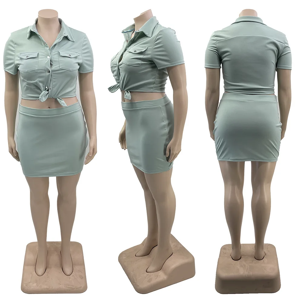 Plus Size Two Piece Dress Solid Button Bandage Top Party Elegant Skirt Female Luxury Korean Style Outfit 2023 Summer Casual Sets