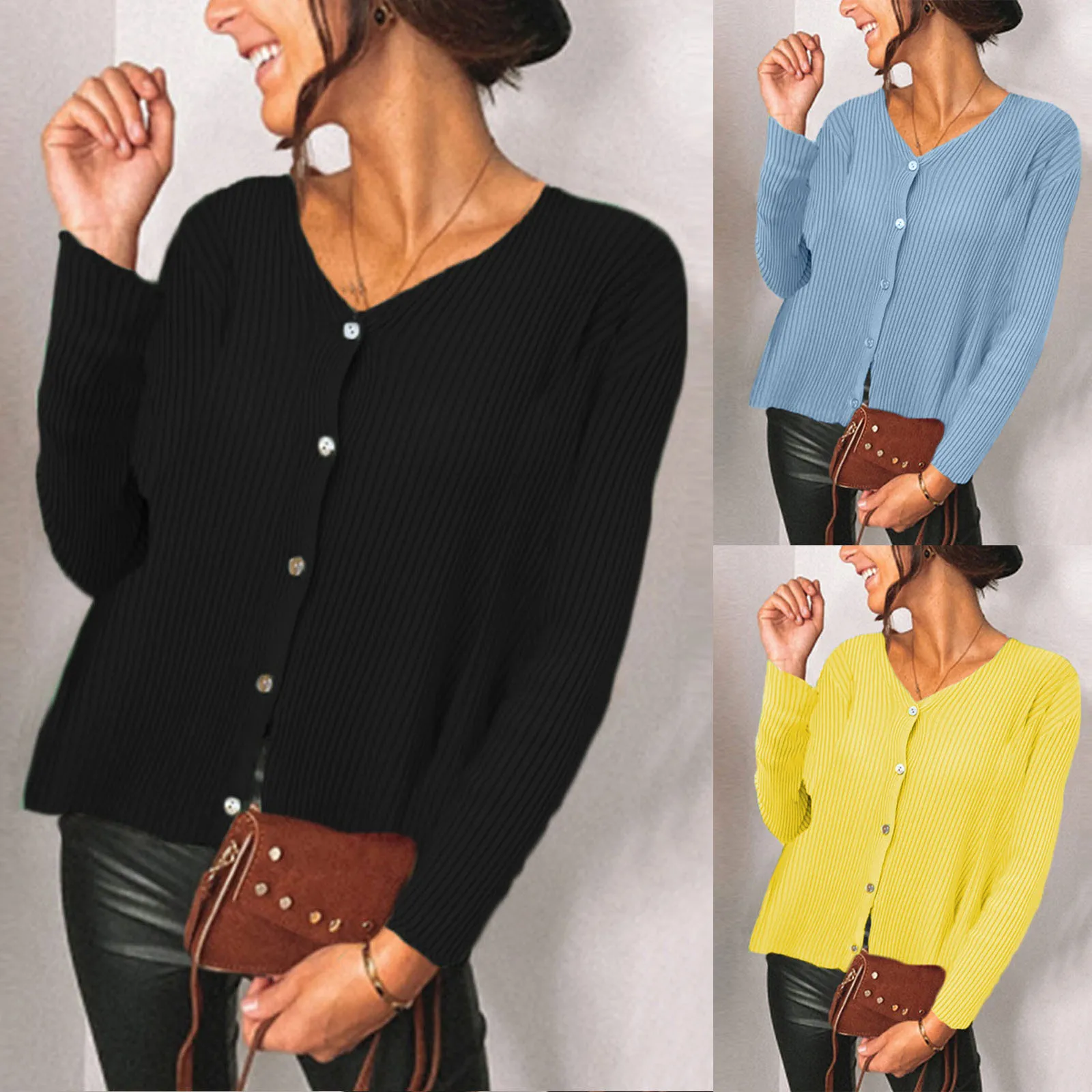 

Women's V-neck Tops Blouse Long Sleeve Loose Chunky Knitted Cardigan Sweater Jumper Solid Button Sweater Women Winter M Long