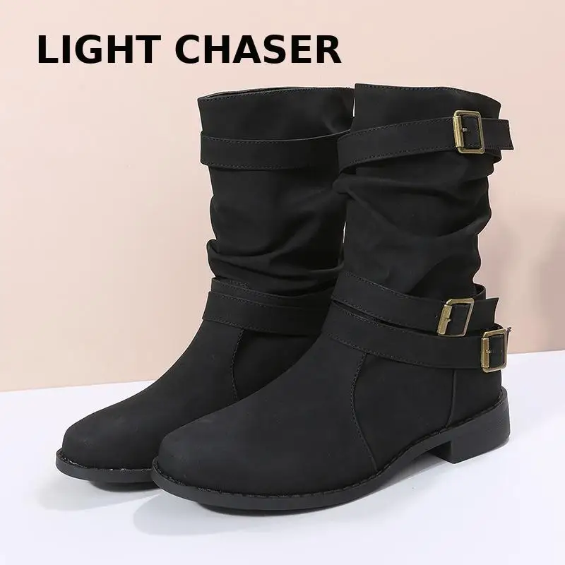 Winter New Foreign Trade Boots Round Head Flat -bottomed Large Size Women's Boots Smoke Boots Belt Buckle Female Short Boots 43